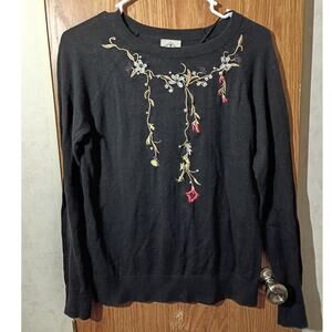 Embroidered Pearl Floral Knit Sweater Medium Quietlux Cottagecore Soft Black